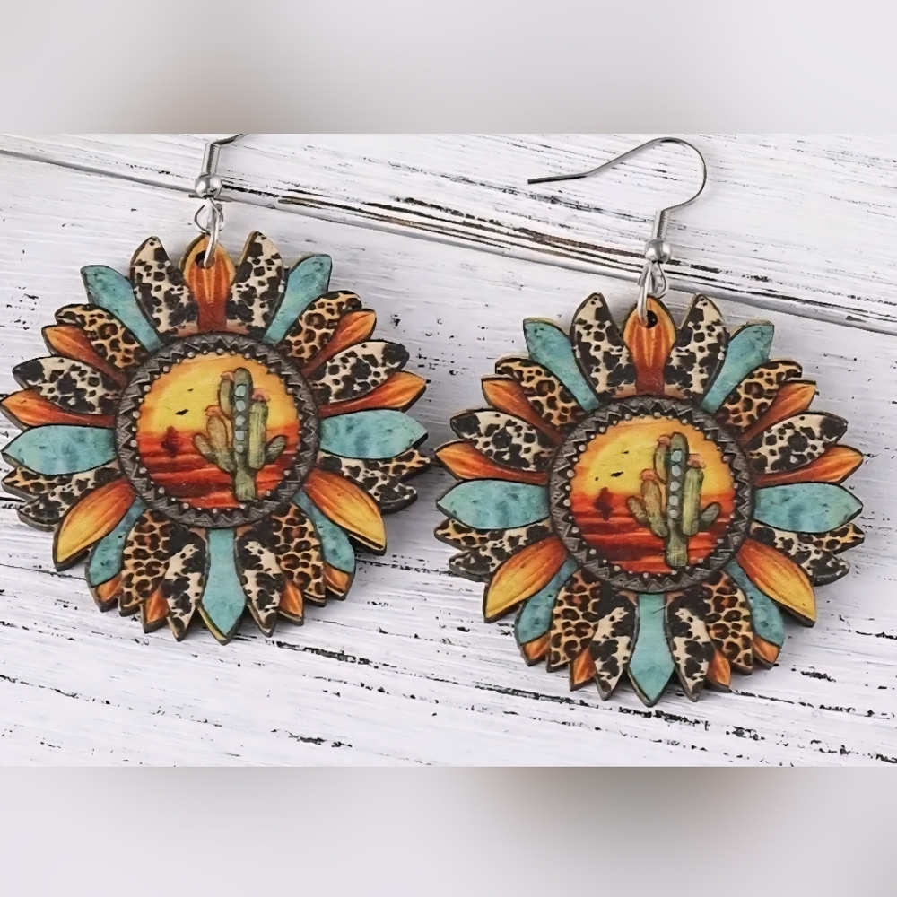 Sunflower Cactus Round  Earrings